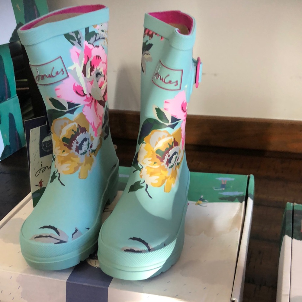 Joules Mint Green Kids Floral Rain Boots with Yellow & Pink Blooms